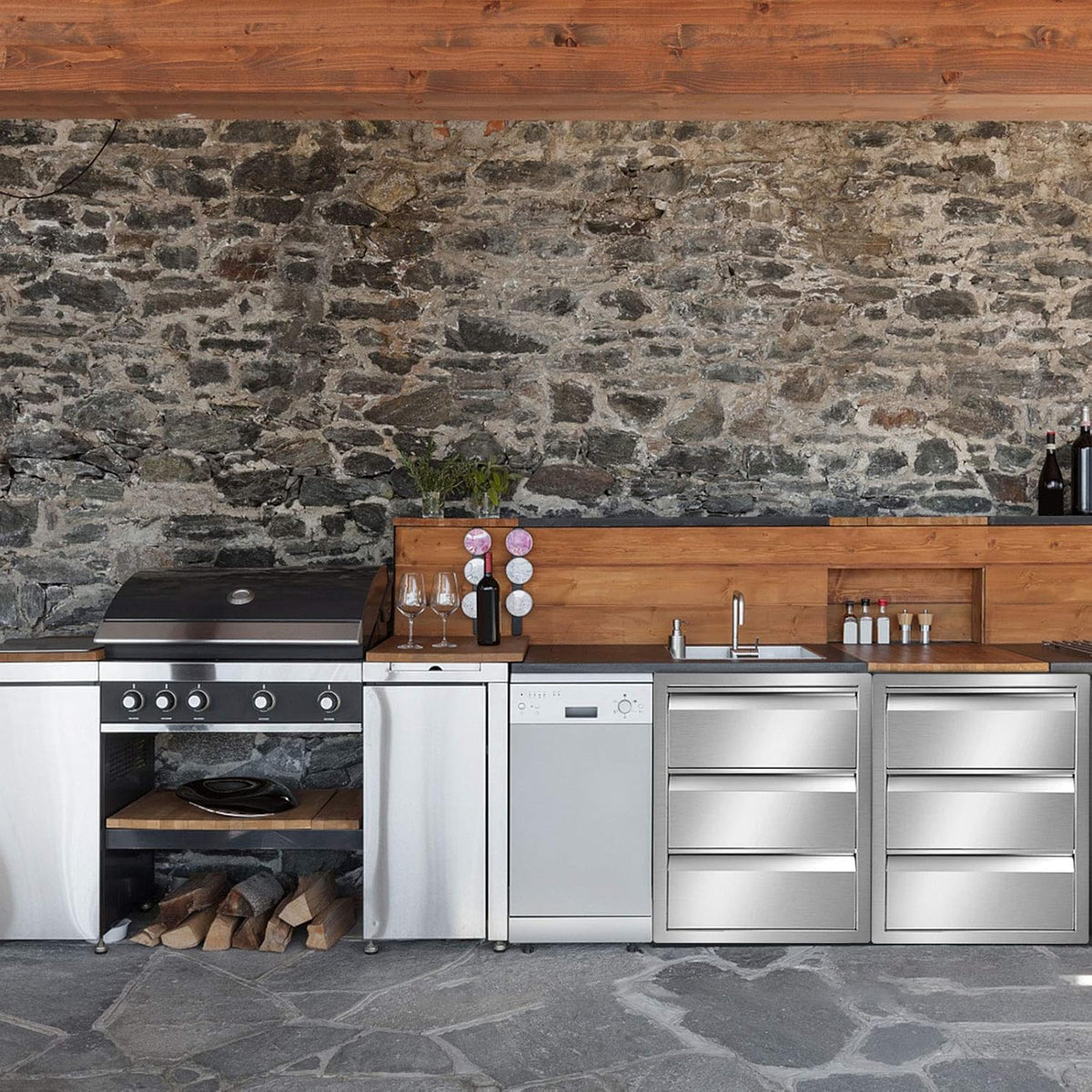 Stainless Steel Triple Access BBQ Drawers Box Frame Style Flush Mount Outdoor Kitchen Drawers C842051
