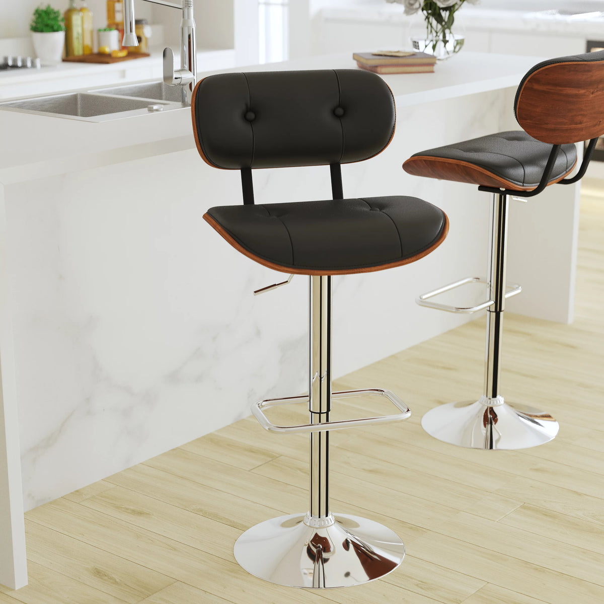 Adjustable Height Black Vinyl Tufted Barstool with Chrome Base U591360