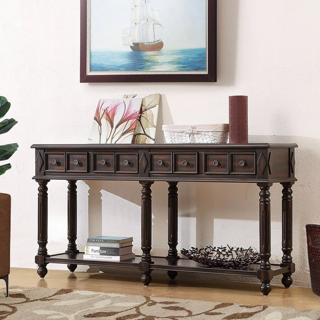 58" Black Console Table with 2 Drawers and Storage Shelf U491