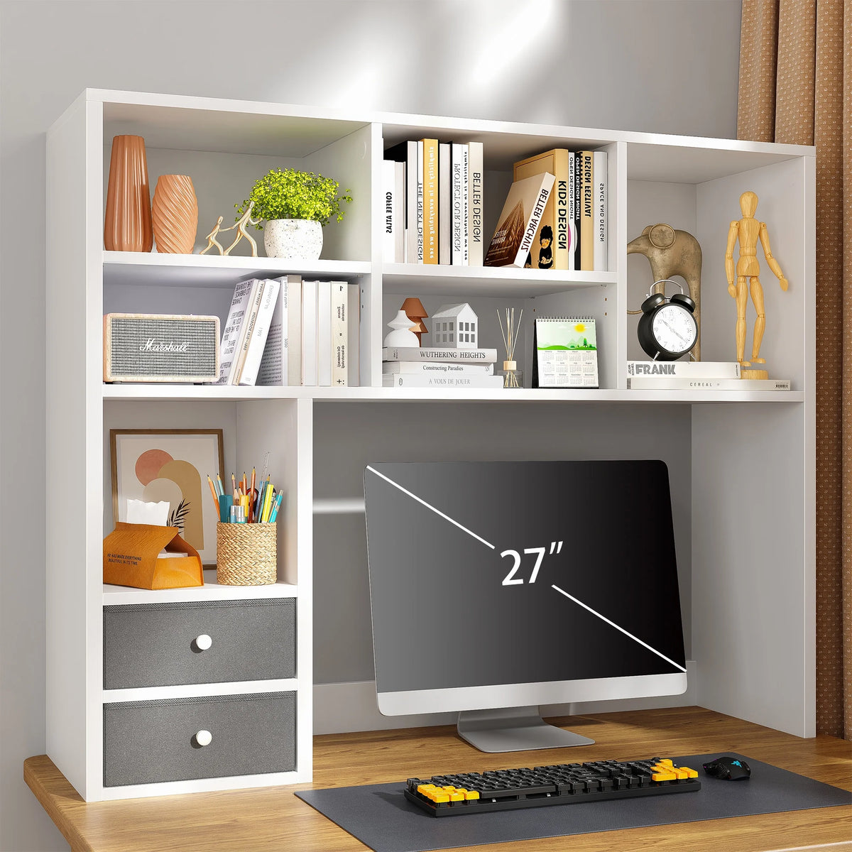 White Wood Desktop Bookshelf with 8 Shelves and 2 Drawers Q612