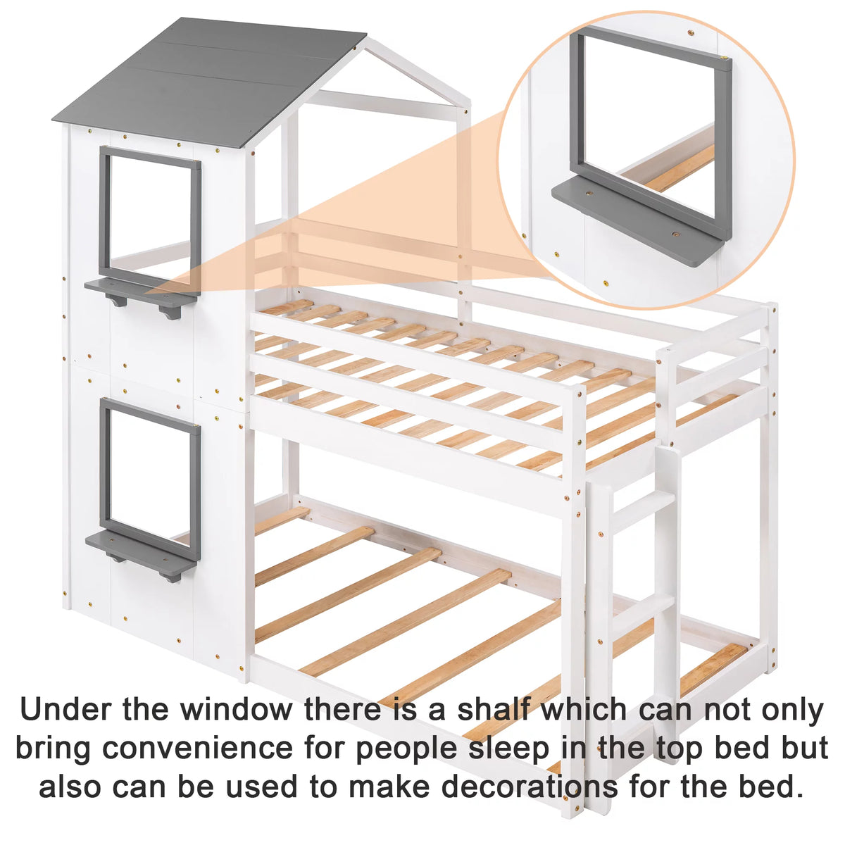 Wood Twin Over Twin Bunk Bed with Roof and Ladder G30325