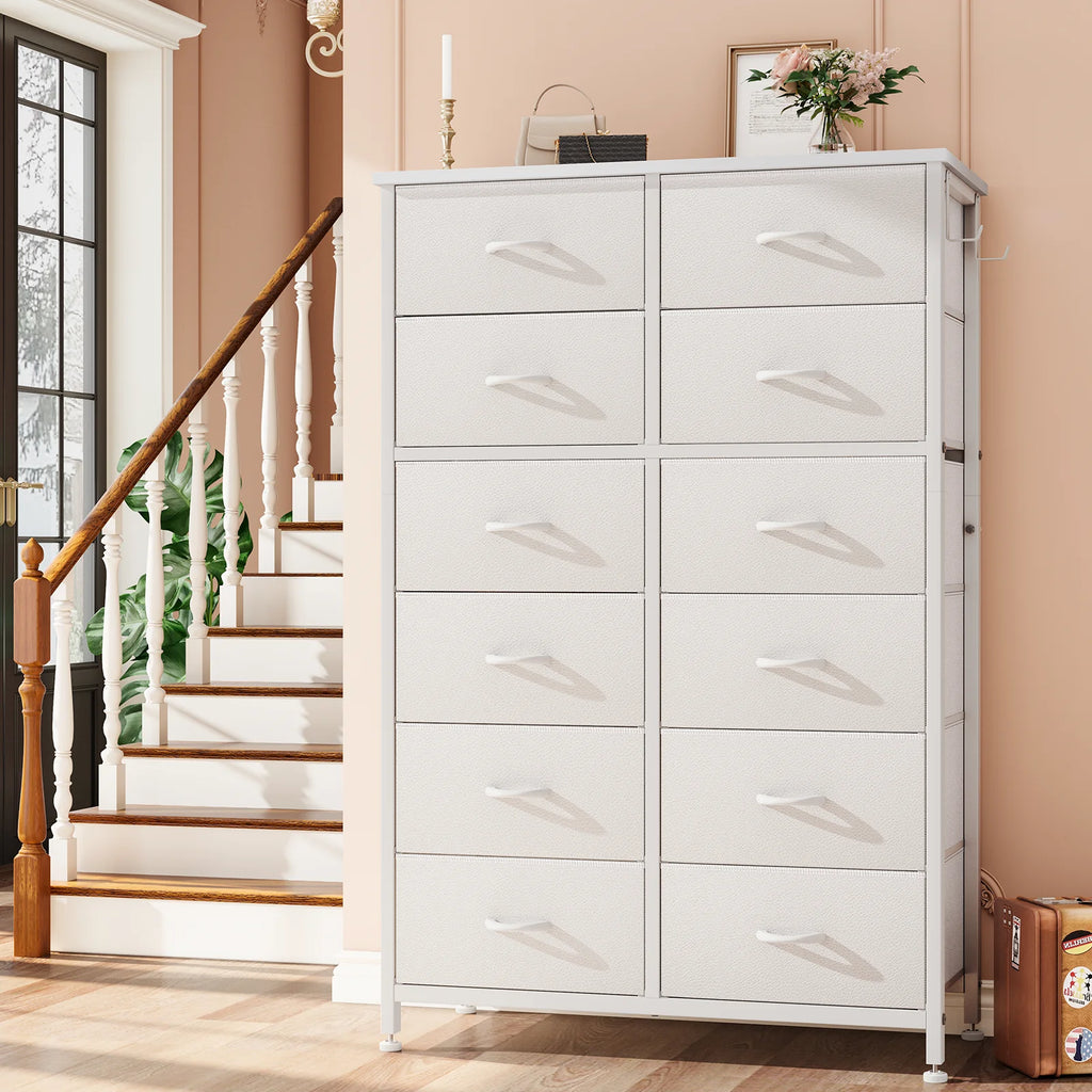 12 Drawer Fabric Dresser with Steel Frame and Wooden Top N906