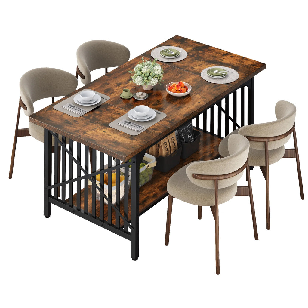 Rustic Brown Industrial Rectangular Wood Dining Table with Storage N65601
