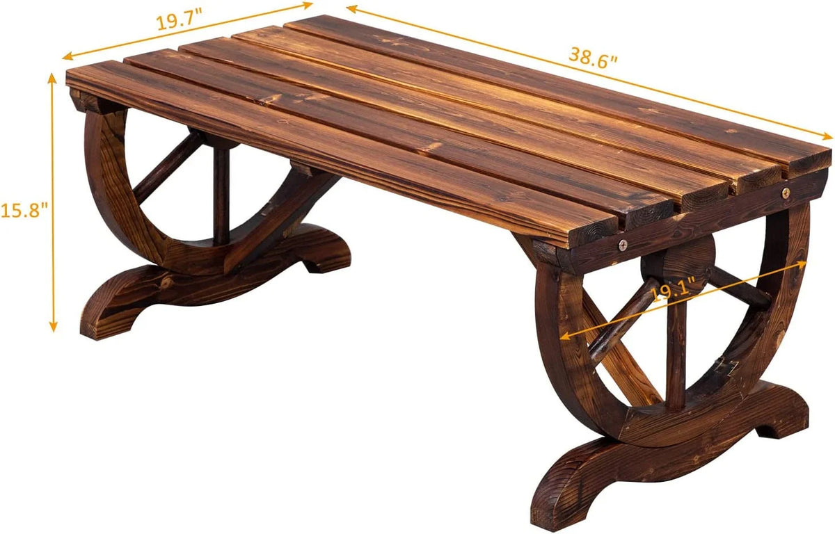 Rustic Wooden Bench with Wagon Wheel Legs L689568
