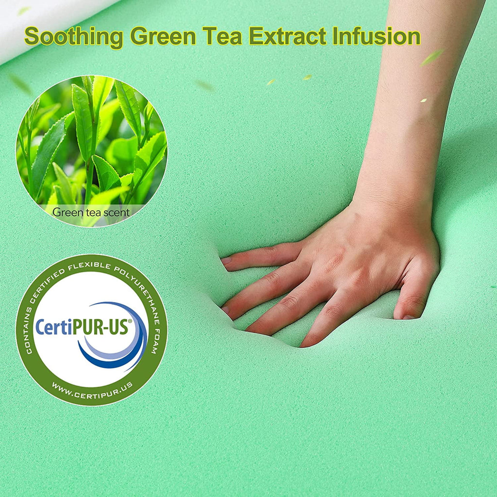 3 Inch Green Tea Memory Foam Mattress Topper with Zippered Bamboo Cover W4538