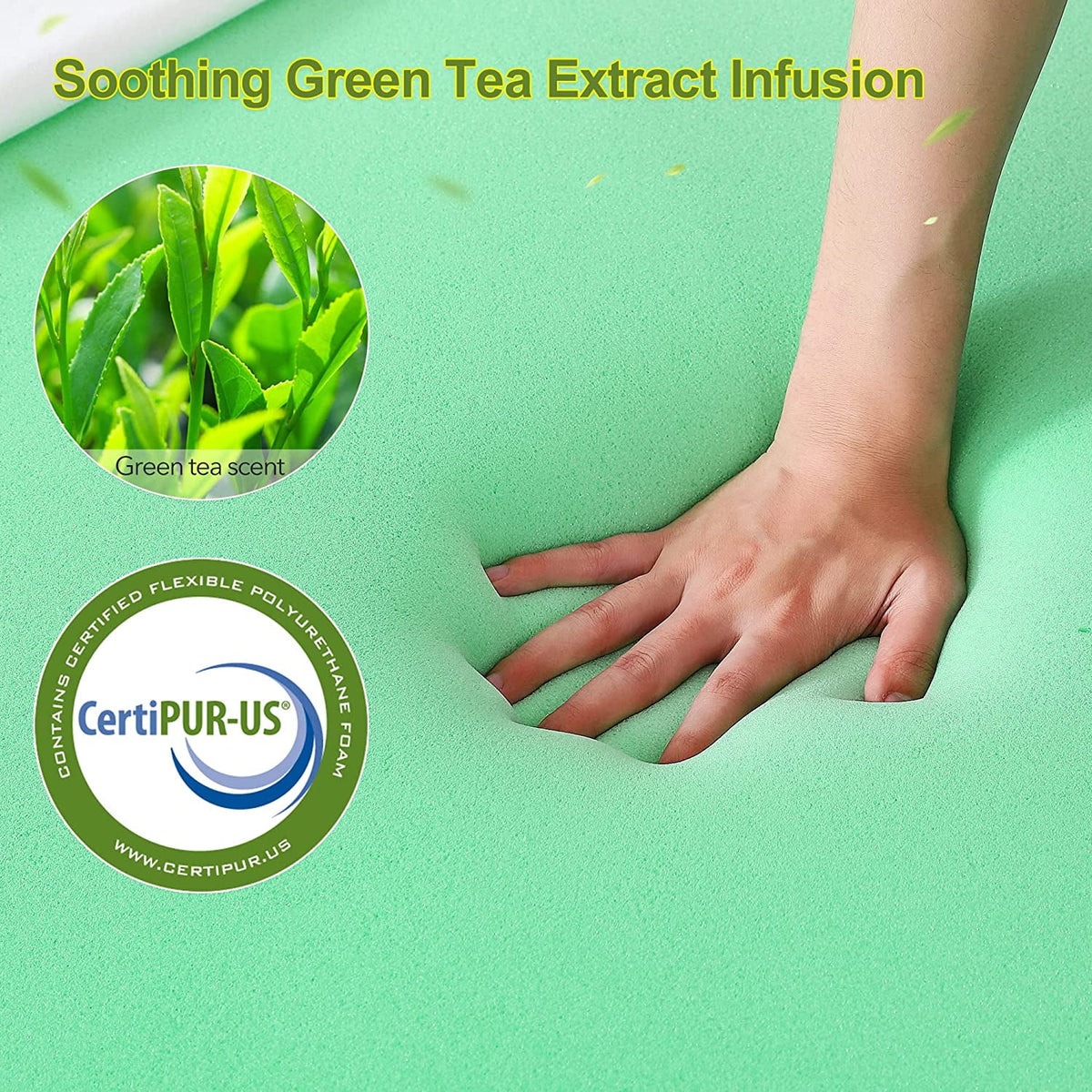 3 Inch Green Tea Memory Foam Mattress Topper with Zippered Bamboo Cover W4538