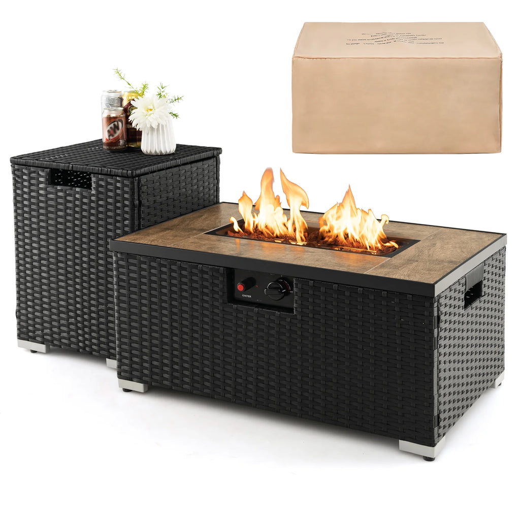 32''x 20'' Propane Rattan Fire Pit Table Set with Side Table and Cover 40,000 BTU S79373