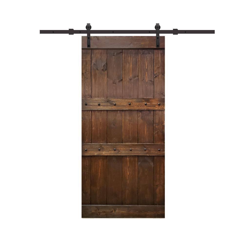 Brown Stained Solid Pine Wood Interior Sliding Barn Door with Hardware Kit R280808