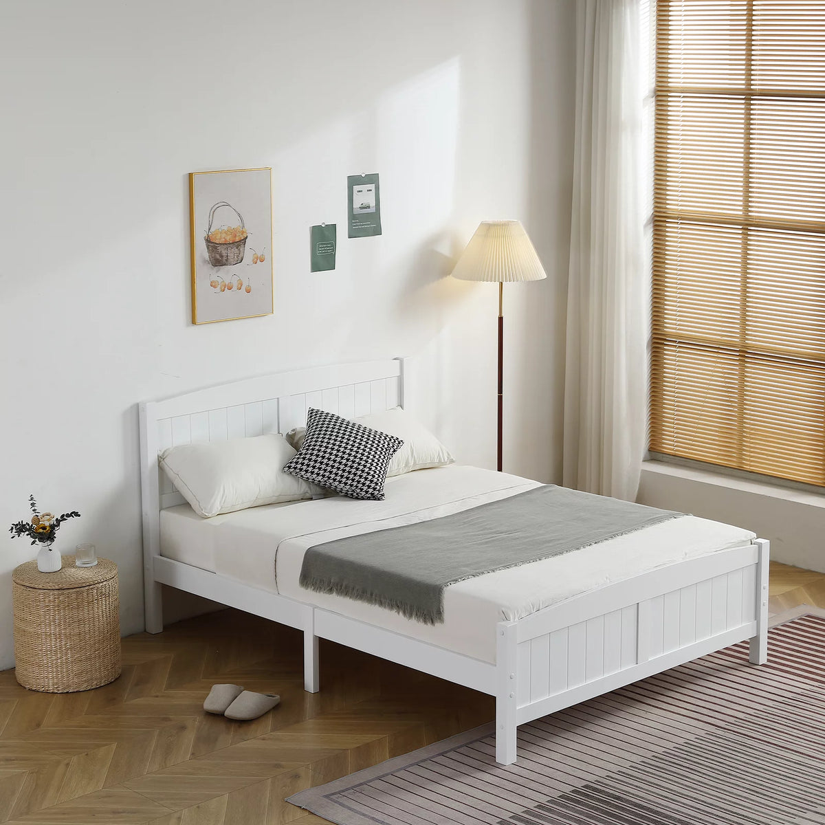 White Full Size Wood Platform Bed Frame with Headboard L887729