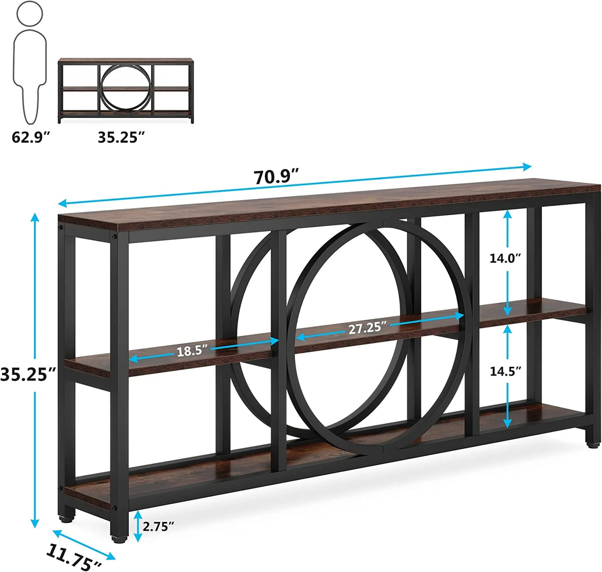 70.9 inch Narrow Console Table with 3 Tier Wood Storage Shelves V616804