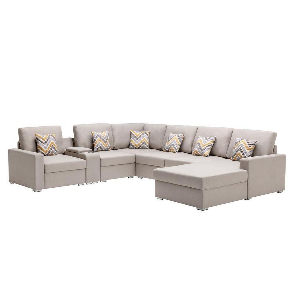 Beige Fabric Reversible Sectional with Charging Port and Storage Console P271429