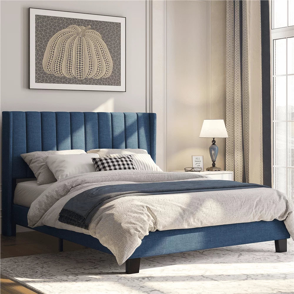 Queen Platform Bed with Upholstered Headboard, Navy Blue F9229