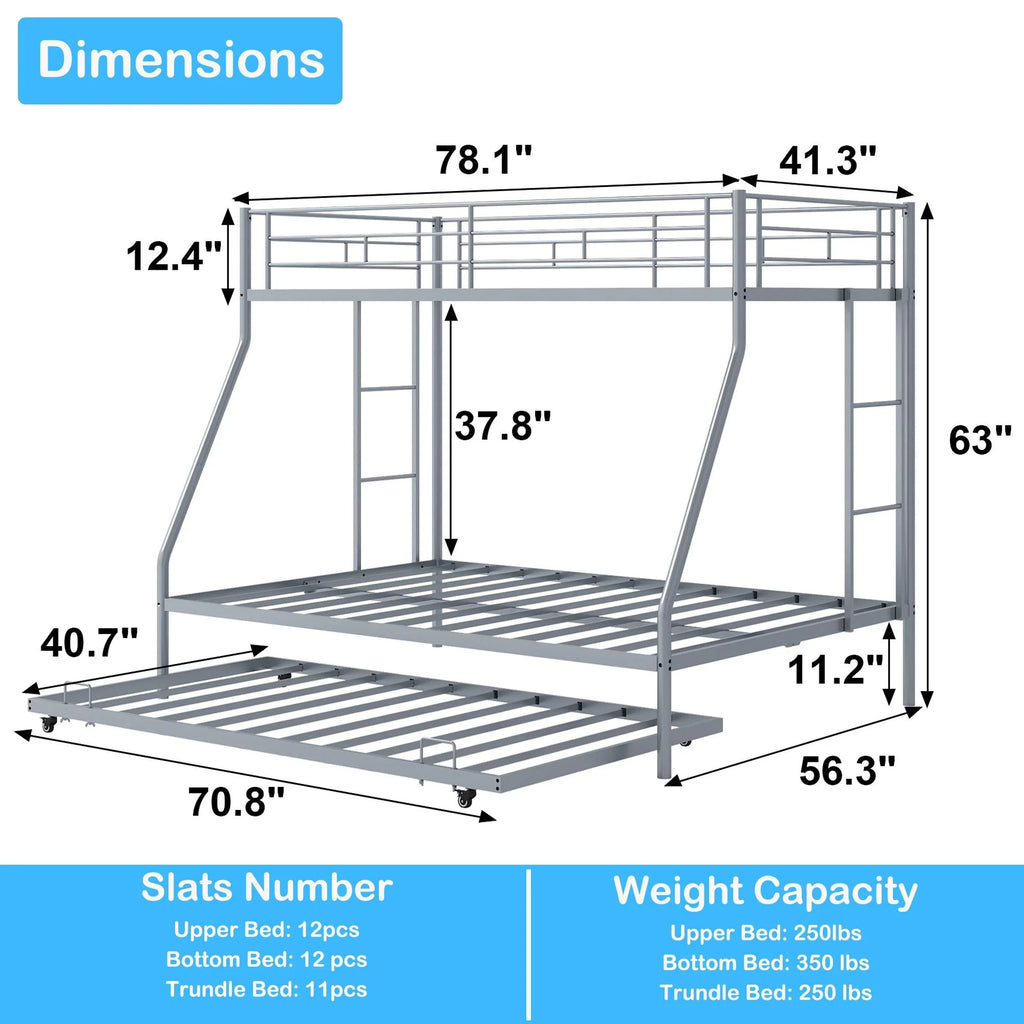 Silver Metal Twin Over Full Bunk Beds with Trundle N729