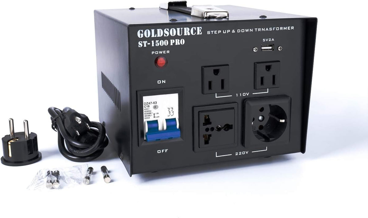 1500W Auto Step Up & Step Down Voltage Transformer Converter, AC 110/220V, US Standard, Schuko AC Outlets, DC 5V USB Port B6427