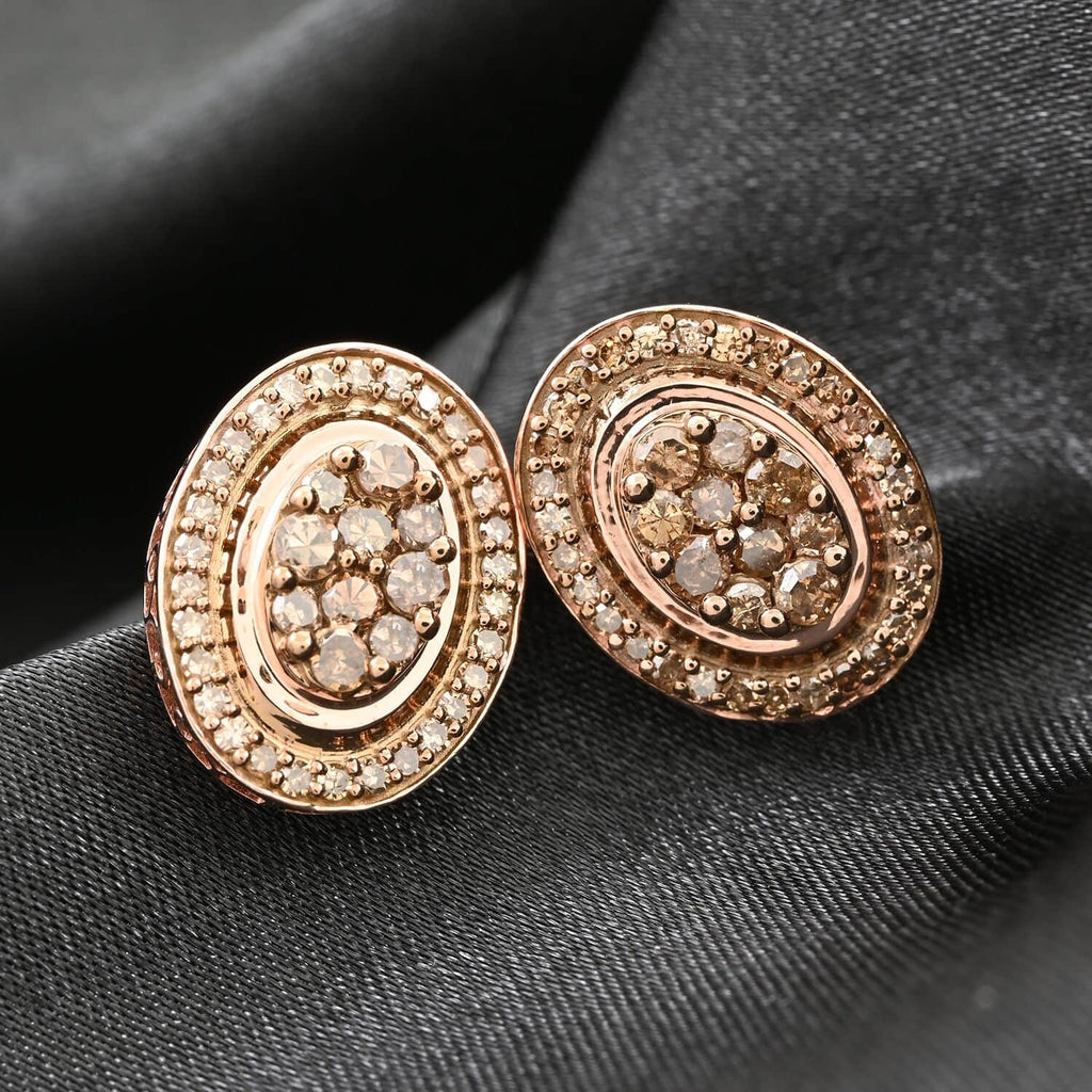 Champagne Diamond Round 925 Sterling Silver Vermeil Rose Gold Plated Cluster Stud Solitaire Earrings W318