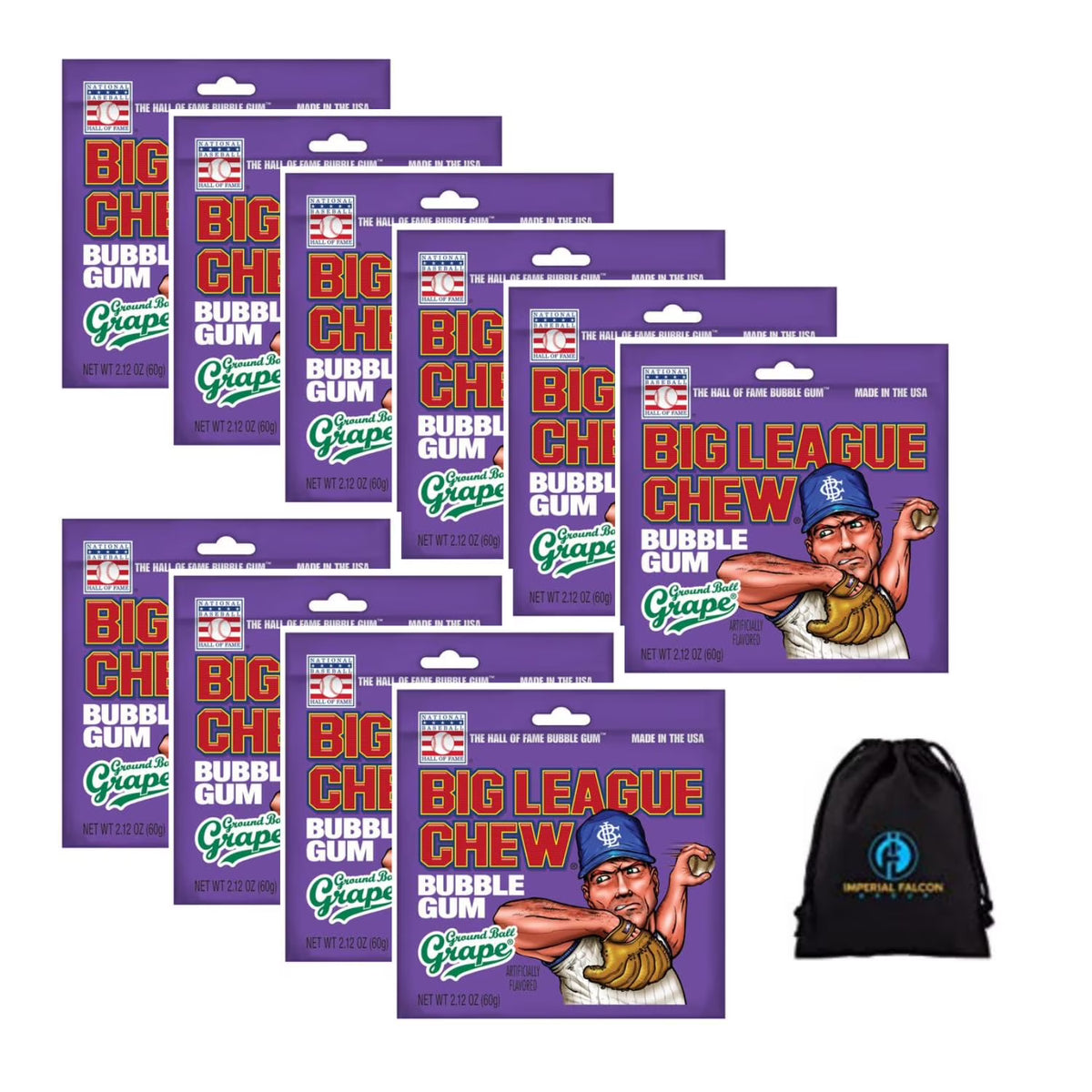 10 Pack 2.12oz Big League Chew Bags with Imperial Falcon Drawstring Carrying Bag F628